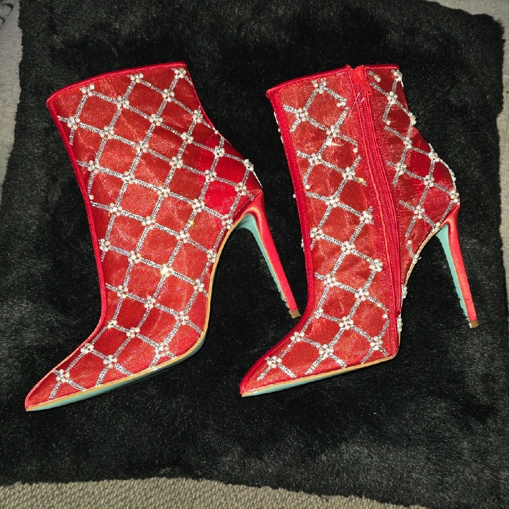 Betsey Johnson  Size 8.5 Red Crystal Heeled Boots Blue Bottom NWOT